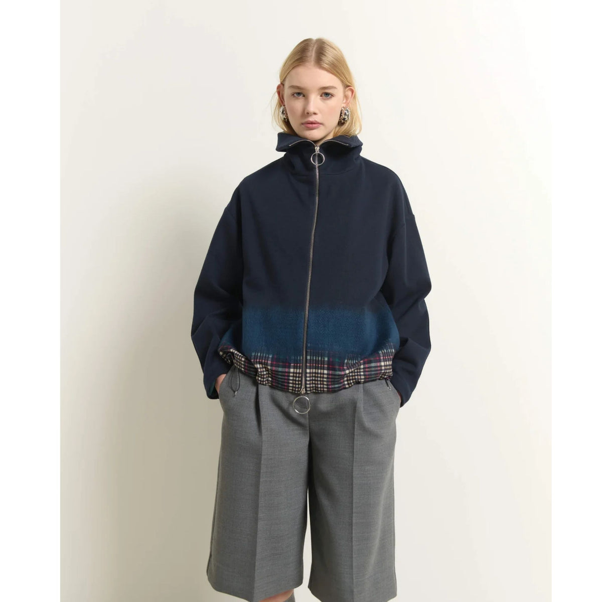 Zip Sweatshirt With Tartan Detail - Dark Blue