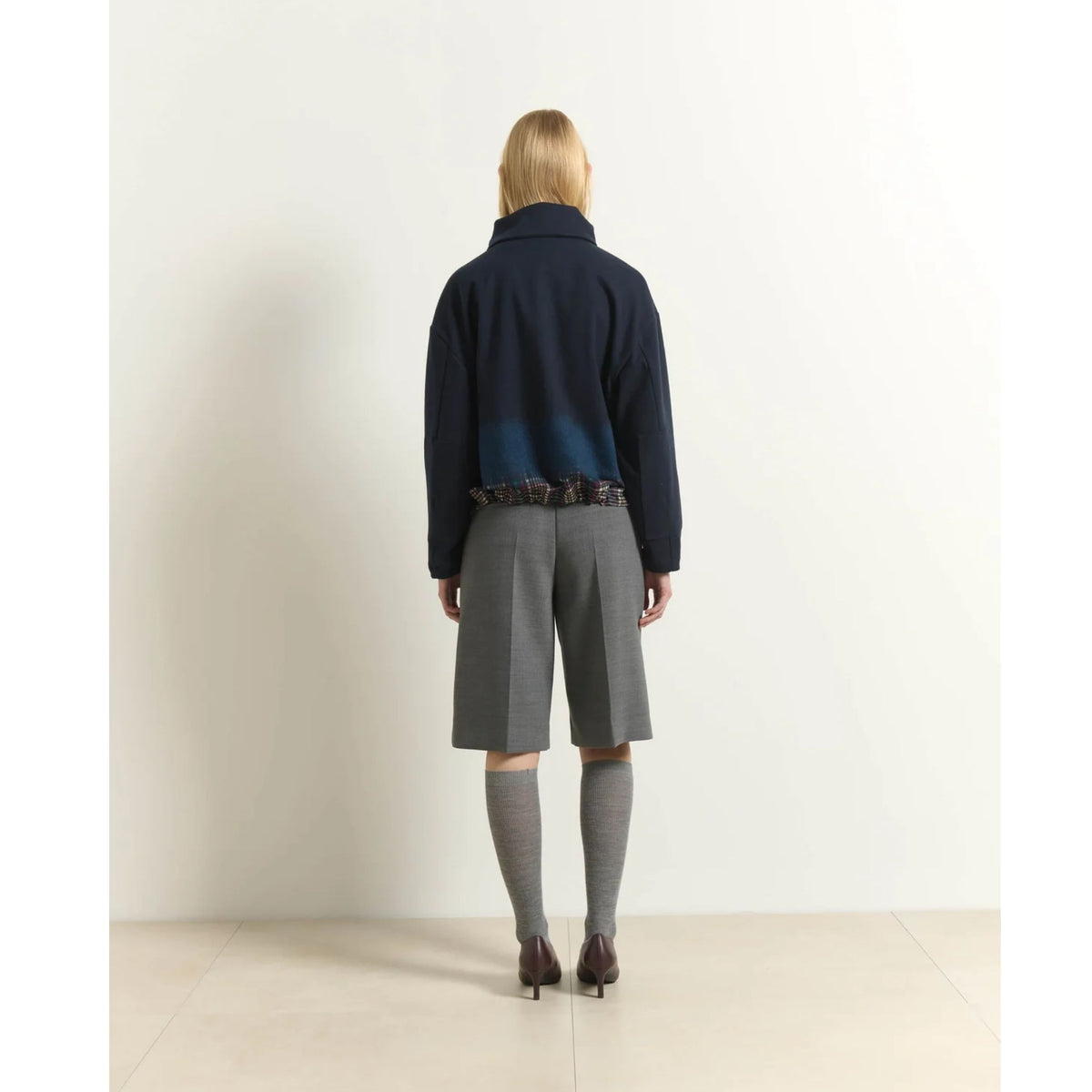 Zip Sweatshirt With Tartan Detail - Dark Blue