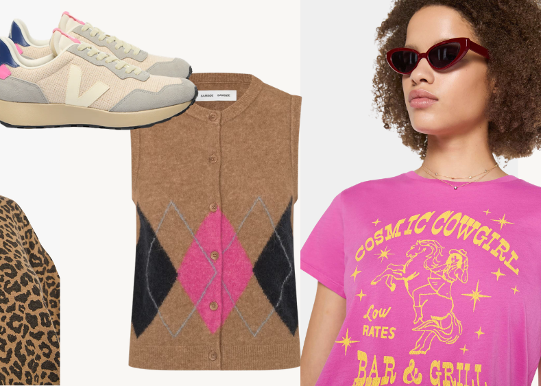 A collage of four fashion models wearing different streetwear outfits, including striped ringer t-shirts, a leopard print top, jeans, sneakers, a brown jacket, and graphic t-shirts, set against a plain white background.