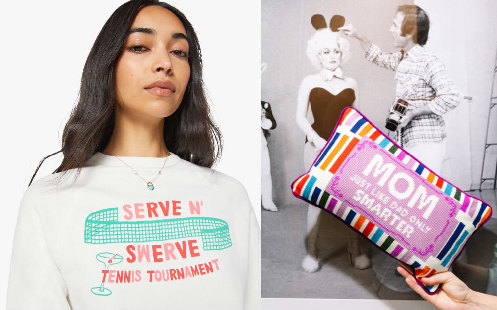 Collage of a woman wearing a t-shirt with text, a candle, and a pillow titled 'Mom'.