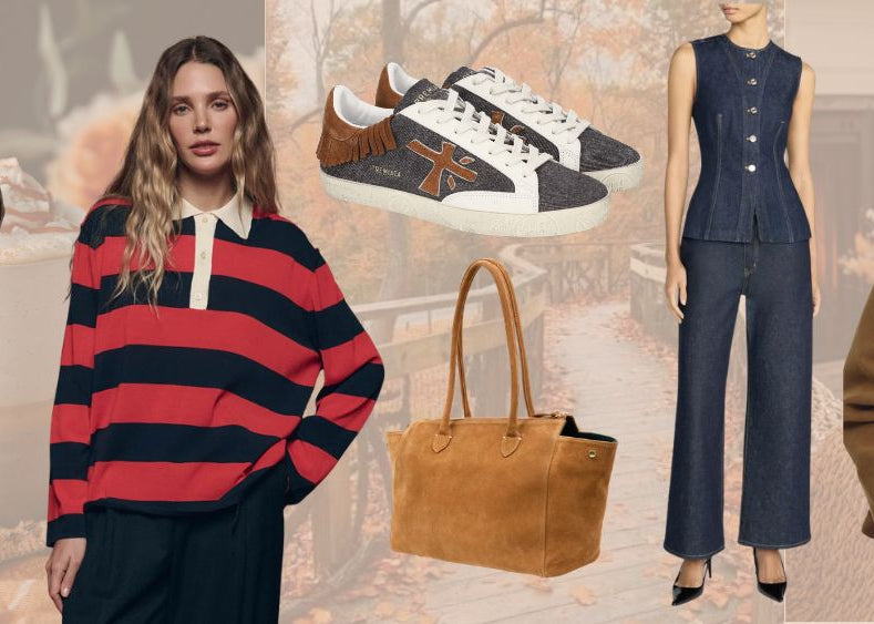 A collage-style fashion banner featuring multiple models wearing different outfits, including a black mini dress, a red and navy striped sweater, a navy jumpsuit, a tan tote bag, a brown leather jacket, a blue and white top, a white handbag, and a green plaid coat. The background is a faded cityscape.
