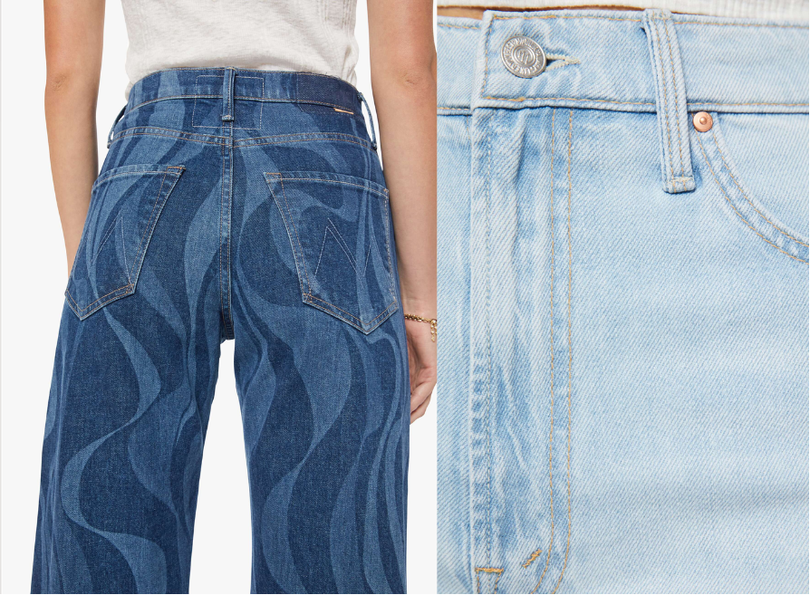Collage of various denim items including a dress, pants, and jeans worn by people on a white background.