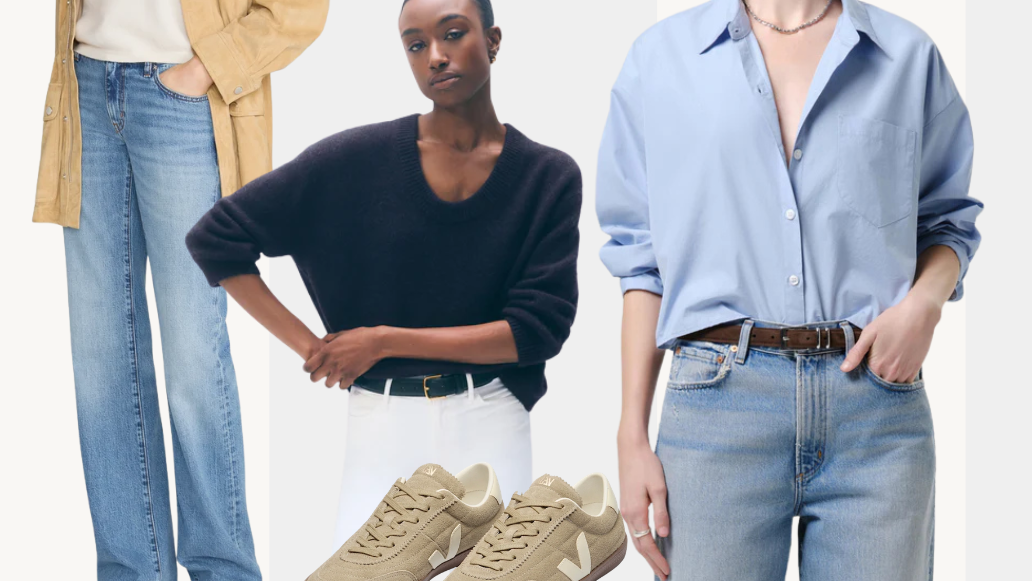A collage of six models wearing different casual and dressy outfits, including jeans, t-shirts, a long-sleeve button-up shirt, a black t-shirt, a beige knit sweater, and a light blue maxi dress, set against a plain white background.