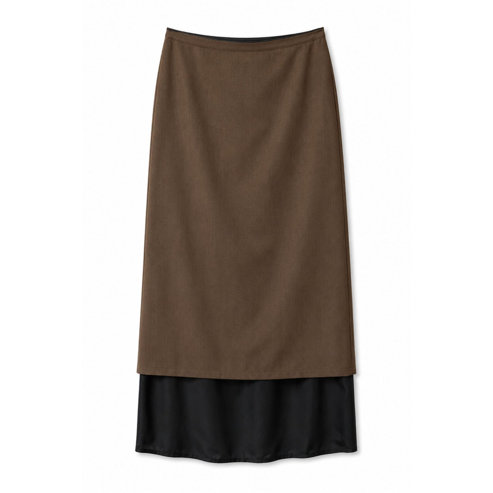 A brown A-line skirt with a black satin overlay at the hem, displayed flat against a solid white background.