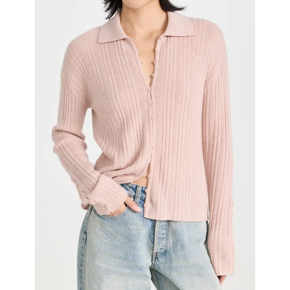 Cashmere Ribbed Collared Cardigan