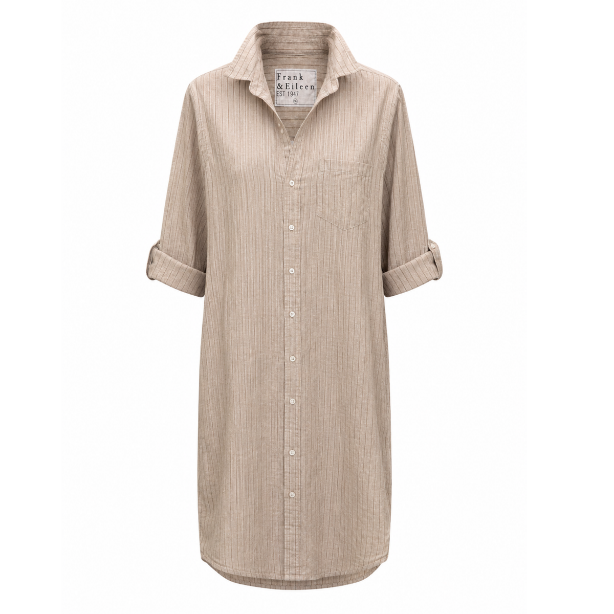 A light beige button-down shirt dress with a subtle vertical stripe texture, featuring a pointed collar, button-up front, and rolled-up sleeves, shown against a plain white background.