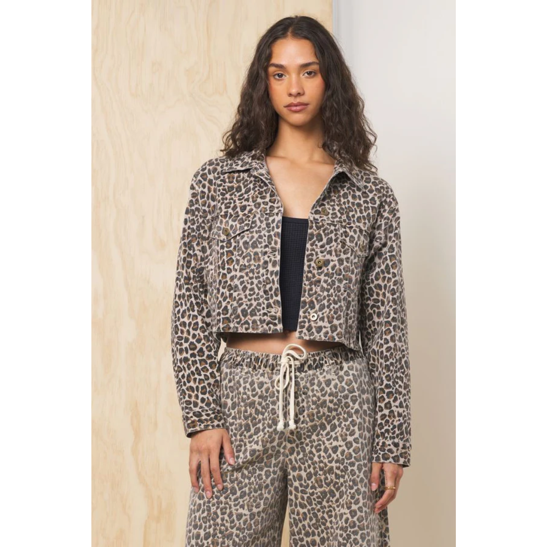 Stretch Denim Crop Jacket - Leopard