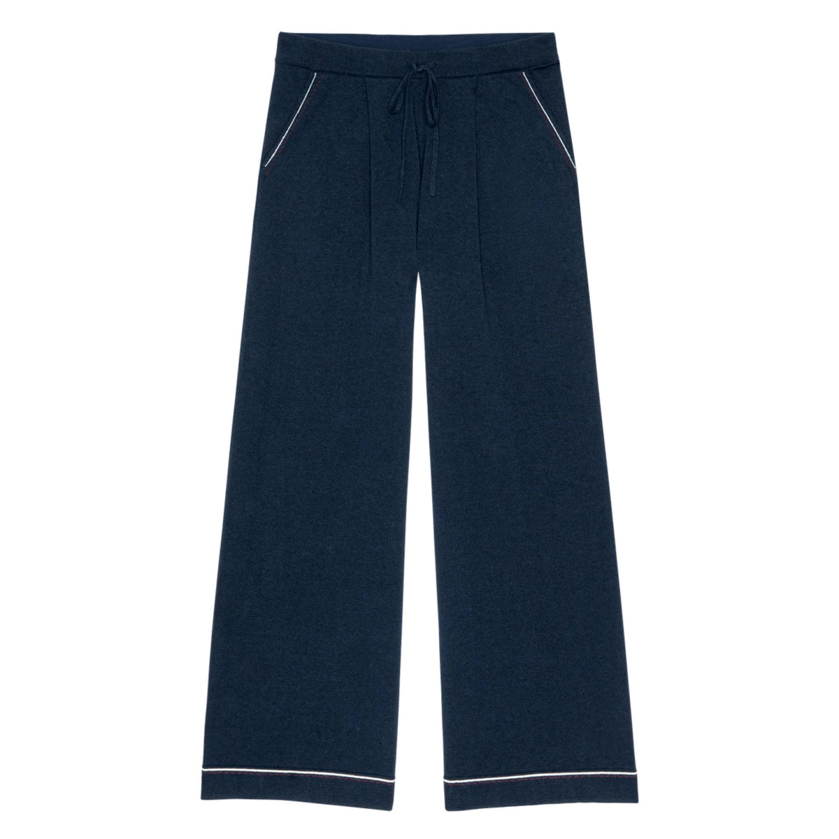 A pair of dark navy blue lounge pants with white contrast piping along the pocket edges and hem, shown flat against a white background.
