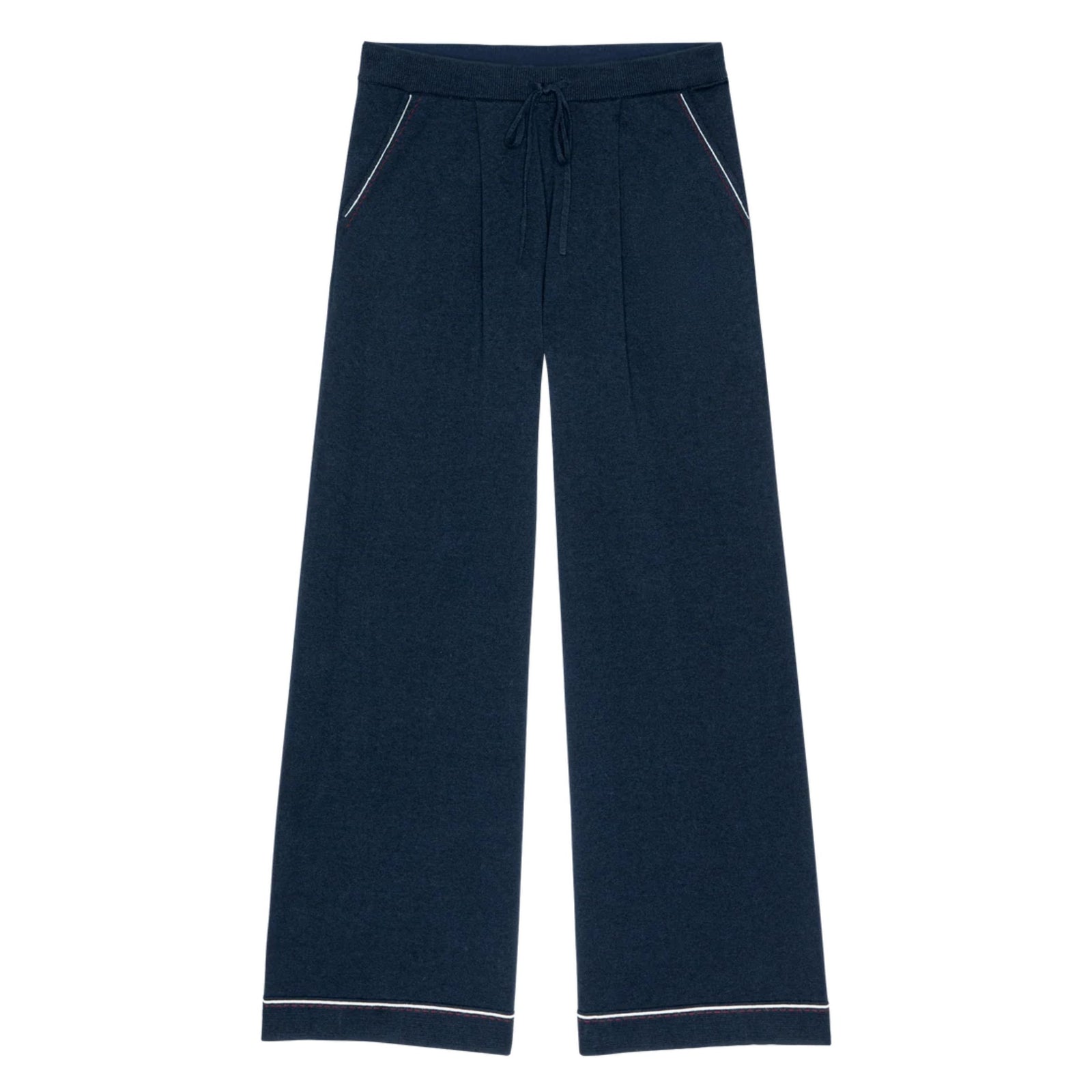 A pair of dark navy blue lounge pants with white contrast piping along the pocket edges and hem, shown flat against a white background.